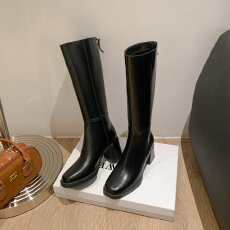 批发葡萄妈同款 3cm内增高~ 尖圆头扣带美拉德风薄底过膝靴女长靴