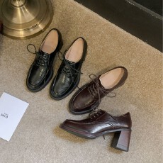 批发英伦风7cm粗跟系带单鞋女2025春<b class='q'>秋</b>新款高跟乐福鞋小皮鞋工作鞋女