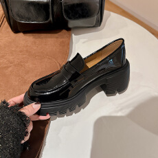 批发增高7cm~SW漆皮粗跟厚底懒人乐福单鞋女小皮鞋jk