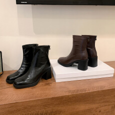 牛皮版~简约时装靴女小众设计百搭简约复古粗跟瘦瘦靴真皮短靴女