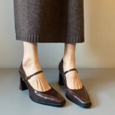 春秋款复古浅口单鞋女法式高跟玛丽珍鞋一字带小方头粗跟真皮女鞋