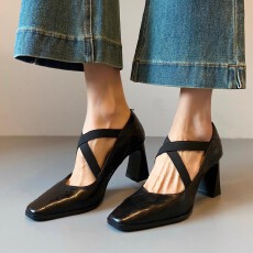 批发2025新款浅口粗跟<b class='q'>气质</b>高跟鞋女交叉带单鞋女