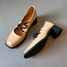 批发牛皮版 静音底单鞋高跟方头玛丽珍一脚蹬真皮复古风皮鞋秋<b class='q'>冬</b>新款
