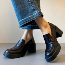 批发羊皮版 英伦风粗跟黑色深口百搭乐福鞋新款高跟小个子<b class='q'>学院风</b>单鞋