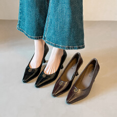 牛皮版~山茶花通勤浅口高级感一脚蹬细跟尖头高跟职业粗跟单鞋女