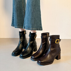 批发牛皮版~静音底方头高跟短靴女轻奢粗跟瘦瘦靴百搭显瘦新款马丁靴