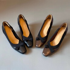 羊皮版~蝴蝶结粗跟浅口高跟鞋女复古方头通勤百搭不累脚气质单鞋