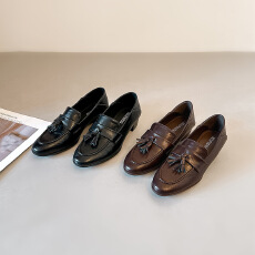 新款粗跟一脚蹬乐福鞋女2026新款女鞋英伦风秋季气质百搭小皮鞋