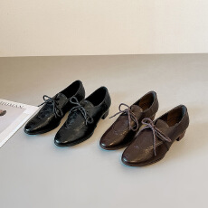 批发2026春季英伦风粗跟乐福鞋女新款百搭复古通勤系带小皮鞋深口单鞋