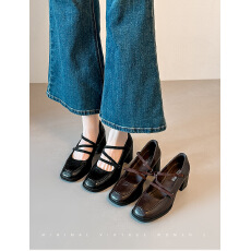 批发新款静音粗跟玛丽珍单鞋6.5cm高跟小个子松紧带方头气质高跟单鞋