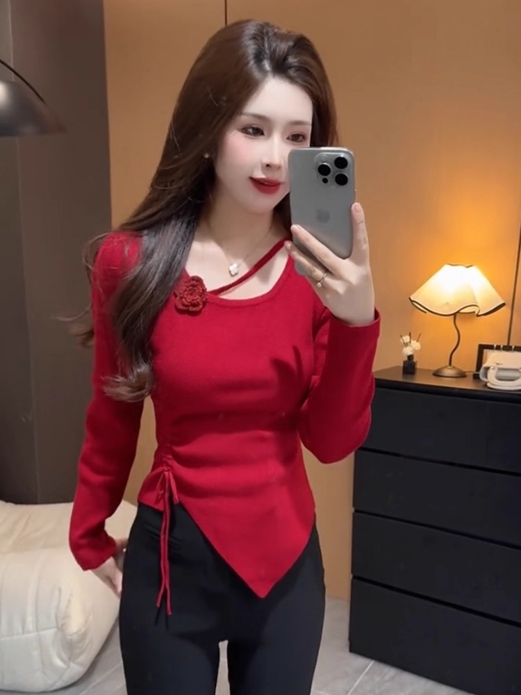 원본 솜씨 홍콩 느낌 불규칙 3 차원 꽃 편안함 여성 봄 가을 슬림해 보이는 오프숄더 긴팔 맨위