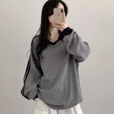 批发现货原版做工韩显瘦舒适宽松polo领上衣秋假两件长袖简约百搭<b class='q'>T</b><b class='q'>恤</b>