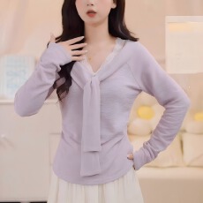 批发3×1羊绒德绒紫<b class='q'>假两件</b>长袖T恤女秋2025秋蕾丝拼接系带打底<b class='q'>上衣</b>