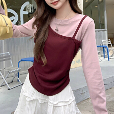 批发假两件拼接长袖t恤女冬季2025新款收腰显瘦褶皱短款<b class='q'>上衣</b>