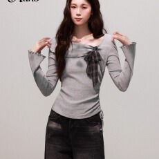 批发灰色斜领长袖T恤女春秋2025冬季新款蝴蝶结不规则抽绳收腰短<b class='q'>上衣</b>.
