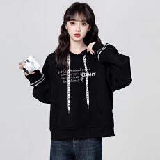 批发美式黑色连帽卫衣<b class='q'>女</b>冬季2025冬季新款字母设计感学生套头带帽上衣