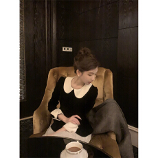 批发小香风韩系气质娃娃领黑色<b class='q'>衬衫</b>女法式高腰黑色丝绒半身裙独两件套