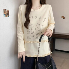 批发大码设计感印花长袖t恤打底衫女秋冬季<b class='q'>胖</b><b class='q'>mm</b>宽松显瘦叠穿内搭上衣