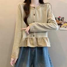 批发格子拼接假两件女秋冬新款2025<b class='q'>大码</b>胖mm显瘦减龄短款设计甜美上衣