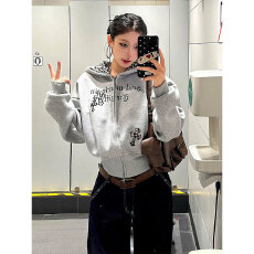 批发美式复古豹纹拼接连帽<b class='q'>开衫</b>卫衣外套女款秋冬季重磅<b class='q'>短款</b>帽衫上衣潮