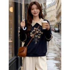 批发大码女装美式复古刺绣翻领卫衣秋冬<b class='q'>胖</b><b class='q'>mm</b>显瘦假两件设计感减龄上衣