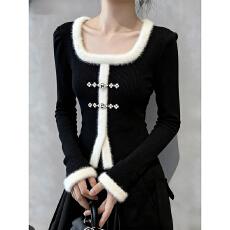 批发秋冬复古甜辣妹撞色方领针织<b class='q'>打底衫</b>女内搭高级感拼接毛绒长袖上衣