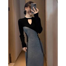 批发法式独特漂亮拼接<b class='q'>连衣裙</b>2025冬季新款小众设计感气质名媛系带长<b class='q'>裙</b>