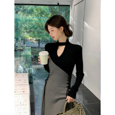 批发秋冬季御姐轻熟风法式设计感内搭长裙气质<b class='q'>高级</b>感显瘦拼接<b class='q'>连衣裙</b><b class='q'>女</b>