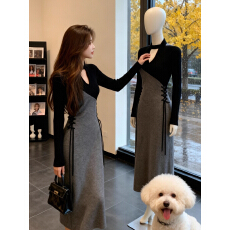 批发高级感拼接<b class='q'>连衣裙</b><b class='q'>女</b>2025秋冬季新款收腰显瘦绑带轻熟风气质长裙子