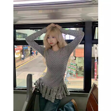 批发美式<b class='q'>复古</b>波点木耳裙摆长袖t恤女秋冬休闲百搭修身德绒显瘦上衣ins