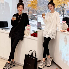 批发欧货2026冬女时尚高级感气质蕾丝拼接长袖中长款上衣打底衫衬衫潮