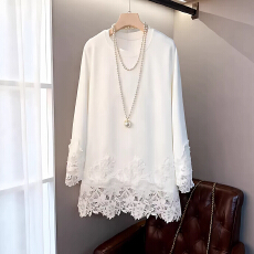 批发中长款<b class='q'>蕾丝</b>拼接长袖<b class='q'>上衣</b>秋冬胖MM正肩大码简约休闲百搭打底T恤女