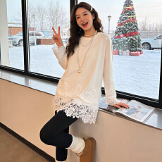 批发2026秋冬新款t恤女装长袖拼接<b class='q'>蕾丝</b>花边休闲宽松百搭打底衫<b class='q'>上衣</b>ins