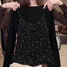 批发韩系气质碎花减龄吊带假两件T恤女秋冬季百搭显瘦休闲<b class='q'>打底衫</b>上衣