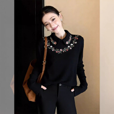 批发花朵刺绣黑色打底长袖T恤女2026新款冬季<b class='q'>翻领</b>可外穿内搭减龄上衣