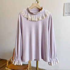 批发新款大码木耳领泡泡袖德绒弹力<b class='q'>蕾丝</b>边半高领打底长袖<b class='q'>上衣</b>保暖T恤