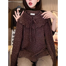 批发德绒<b class='q'>大码</b>波点系带荷叶边领打底衫显瘦气质内搭减龄高级感长袖上衣