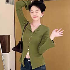 批发轻熟风气质V领开叉喇叭袖<b class='q'>T</b><b class='q'>恤</b>女2026秋冬新款高级感修身显瘦小上衣