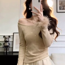 批发德绒美式高级感斜肩喇叭袖<b class='q'>长袖</b><b class='q'>T</b><b class='q'>恤</b>女秋冬季气质百搭修身显瘦上衣