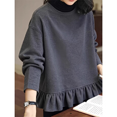 批发<b class='q'>胖</b><b class='q'>mm</b>德绒打底衫复古灰色荷叶边拼接上衣设计感高级气质卫衣冬季潮