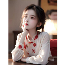 批发2026秋冬新洋气温柔甜美衬衫轻新中式国风设计花朵小衫<b class='q'>长袖</b>上衣女