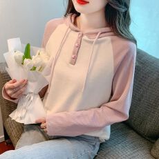 批发2026秋冬新款韩版撞色连帽<b class='q'>长袖</b><b class='q'>T</b><b class='q'>恤</b>宽松拼色显瘦气质减龄粉色卫衣