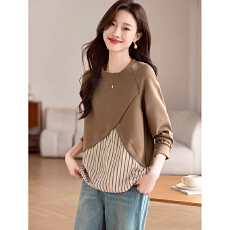 批发2026新款法式假两件条纹拼接卫衣女秋冬设计感不规则高端轻奢上衣