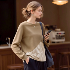 批发2026秋冬新款法式假两件条纹拼接卫衣<b class='q'>长袖</b>设计感显瘦大码内搭上衣