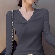 批发2026新款纯色V领<b class='q'>长袖</b><b class='q'>t</b><b class='q'>恤</b>女春秋纯欲辣妹打底衫修身显瘦设计感上衣