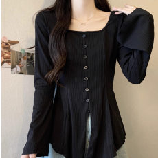 批发原版做工纯欲风<b class='q'>长袖</b>修身方领<b class='q'>T</b><b class='q'>恤</b>小衫韩版温柔风纯色打底上衣