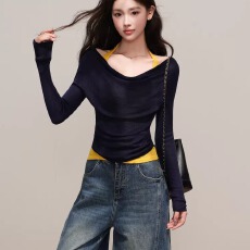 批发2026假两件打底衫<b class='q'>长袖</b>女春秋冬季内搭修身一字荡领<b class='q'>T</b><b class='q'>恤</b>减龄上衣女