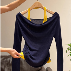 韩系纯欲风假两件一字肩长袖t恤女2026春秋撞色修身显瘦百搭上衣