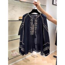 批发乱麻条2026新款法式高级感复古气质小众不撞款藏蓝色印花衬衫