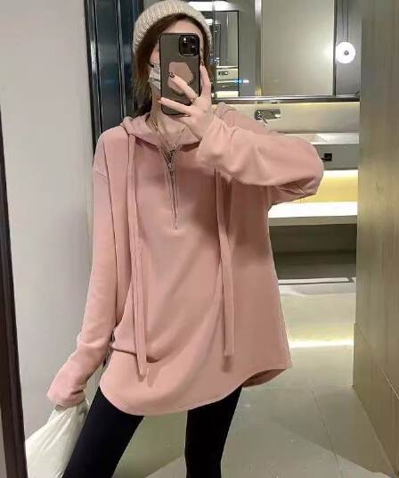 원본 솜씨 달콤함 루즈핏 얇은 다용도 불규칙 후드 긴팔 티셔츠 여성 가을 중간 길이 표지 배 맨위